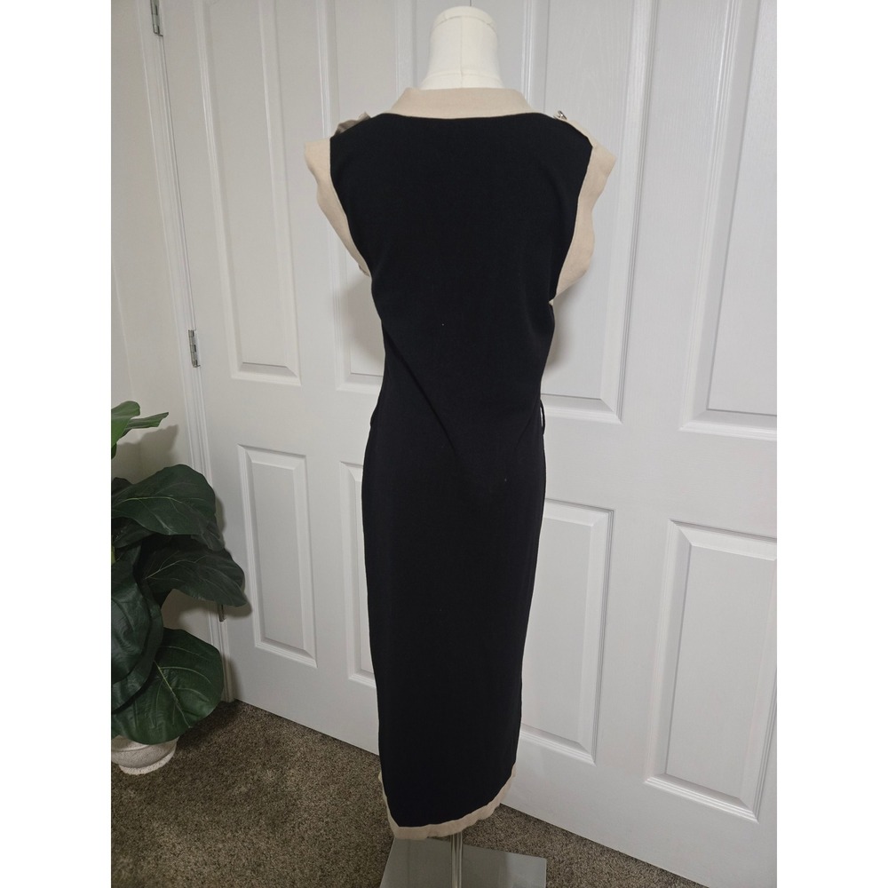 FORE Knit Dress Women Medium Black Cream Button Front Colorblock Midi V-Neck - Picture 2 of 7